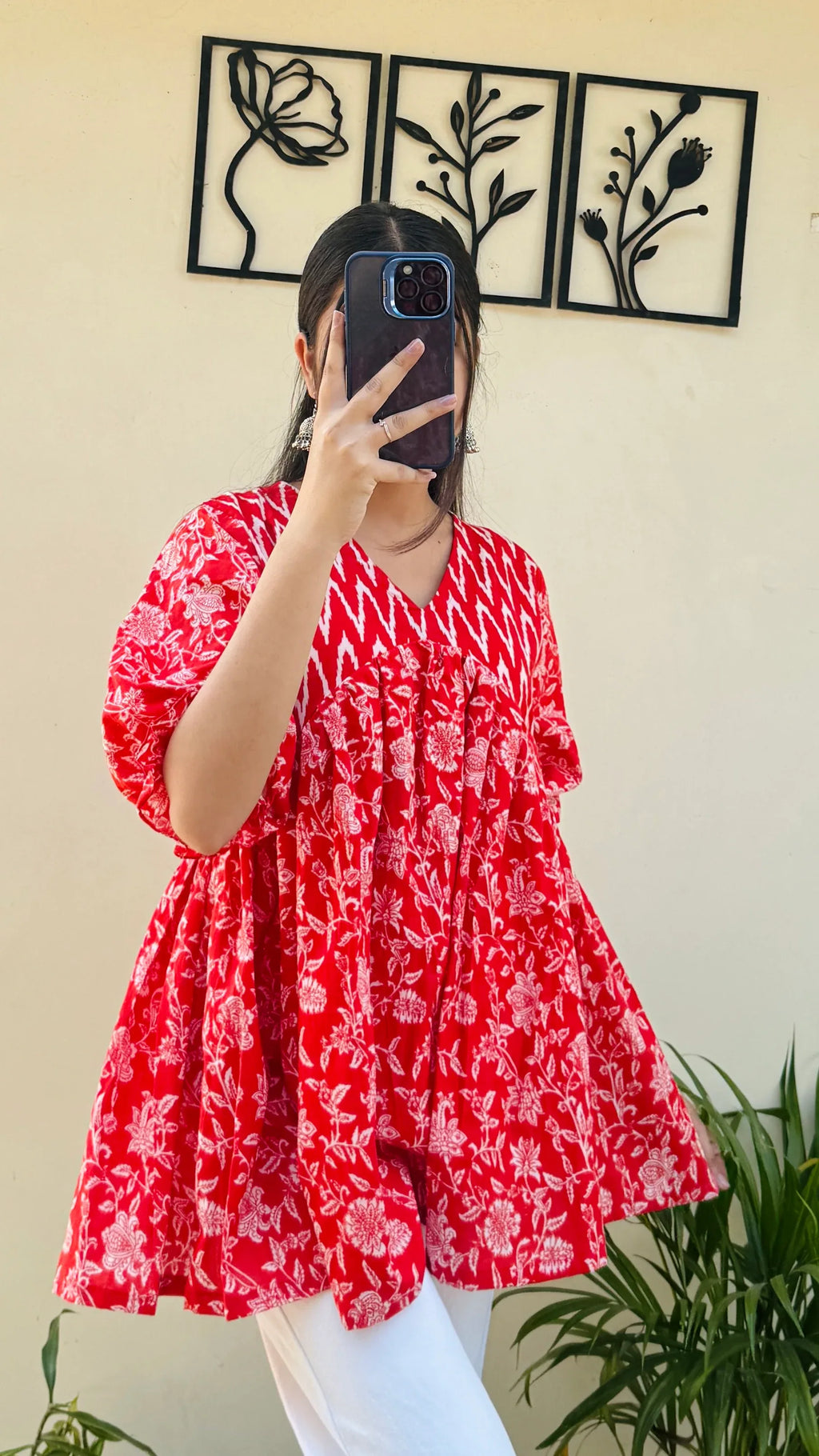 Cotton Flared Puff Sleeves Red Aliacut Floral Print Peplum Top - Dolled Up