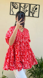 Cotton Flared Puff Sleeves Red Aliacut Floral Print Peplum Top - Dolled Up