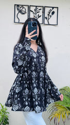 Cotton Blue Flared Printed Aliacut Peplum Top - Dolled Up