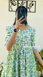 Cotton Printed White & Green Puff Sleeves Nyra Cut Long Kurti - Dolled Up
