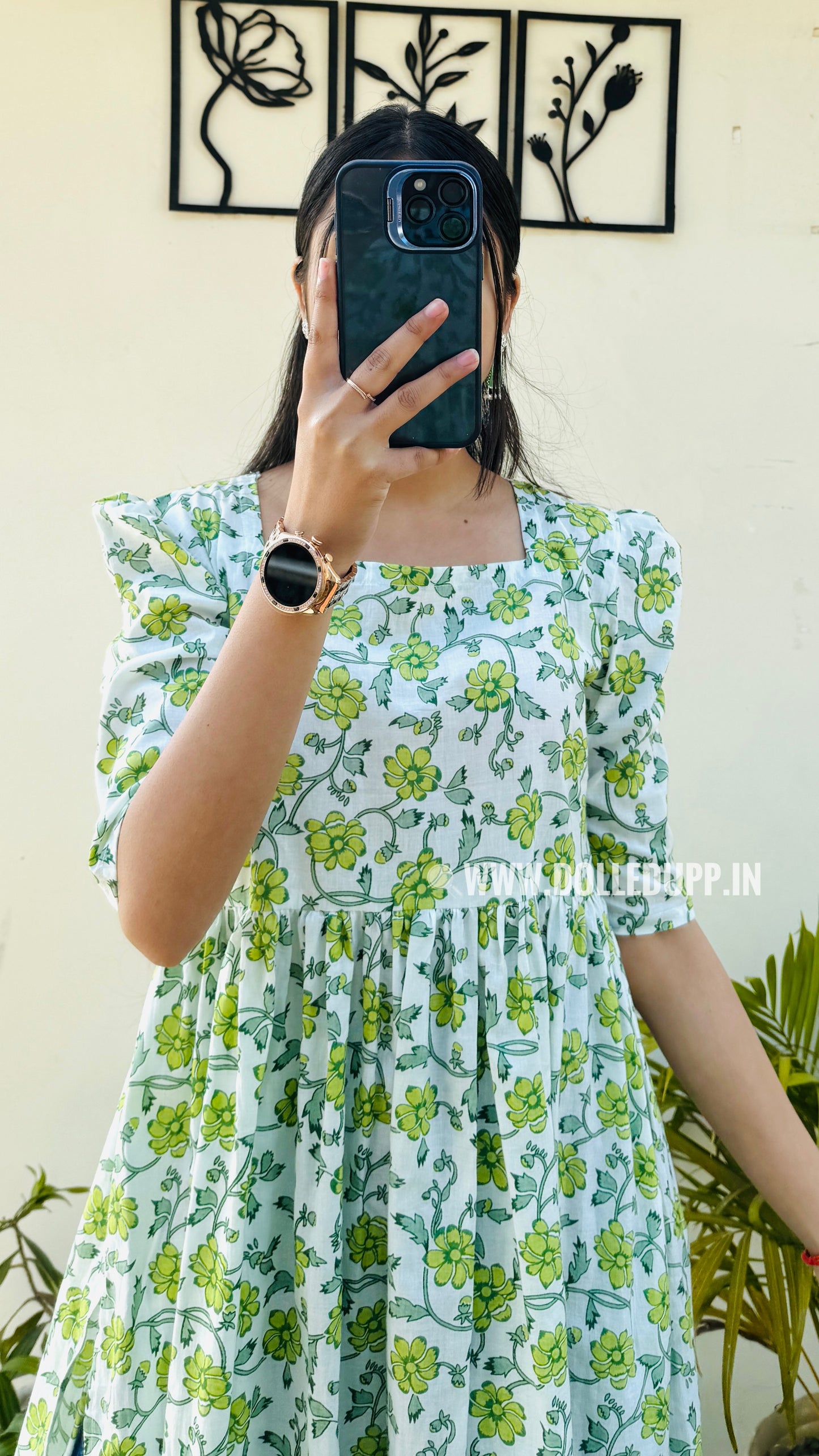 Cotton Printed White & Green Puff Sleeves Nyra Cut Long Kurti