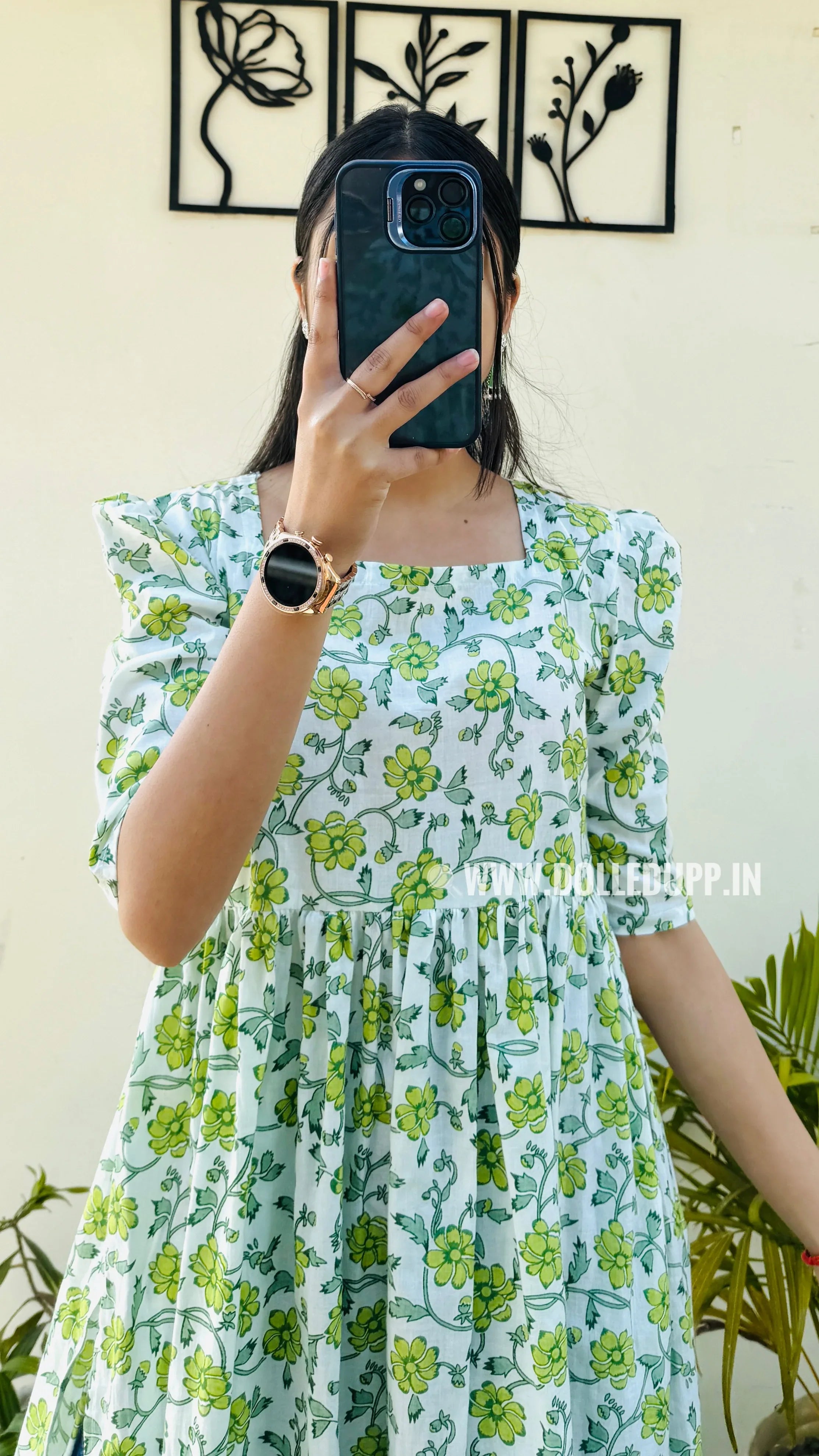 Cotton Printed White & Green Puff Sleeves Nyra Cut Long Kurti - Dolled Up