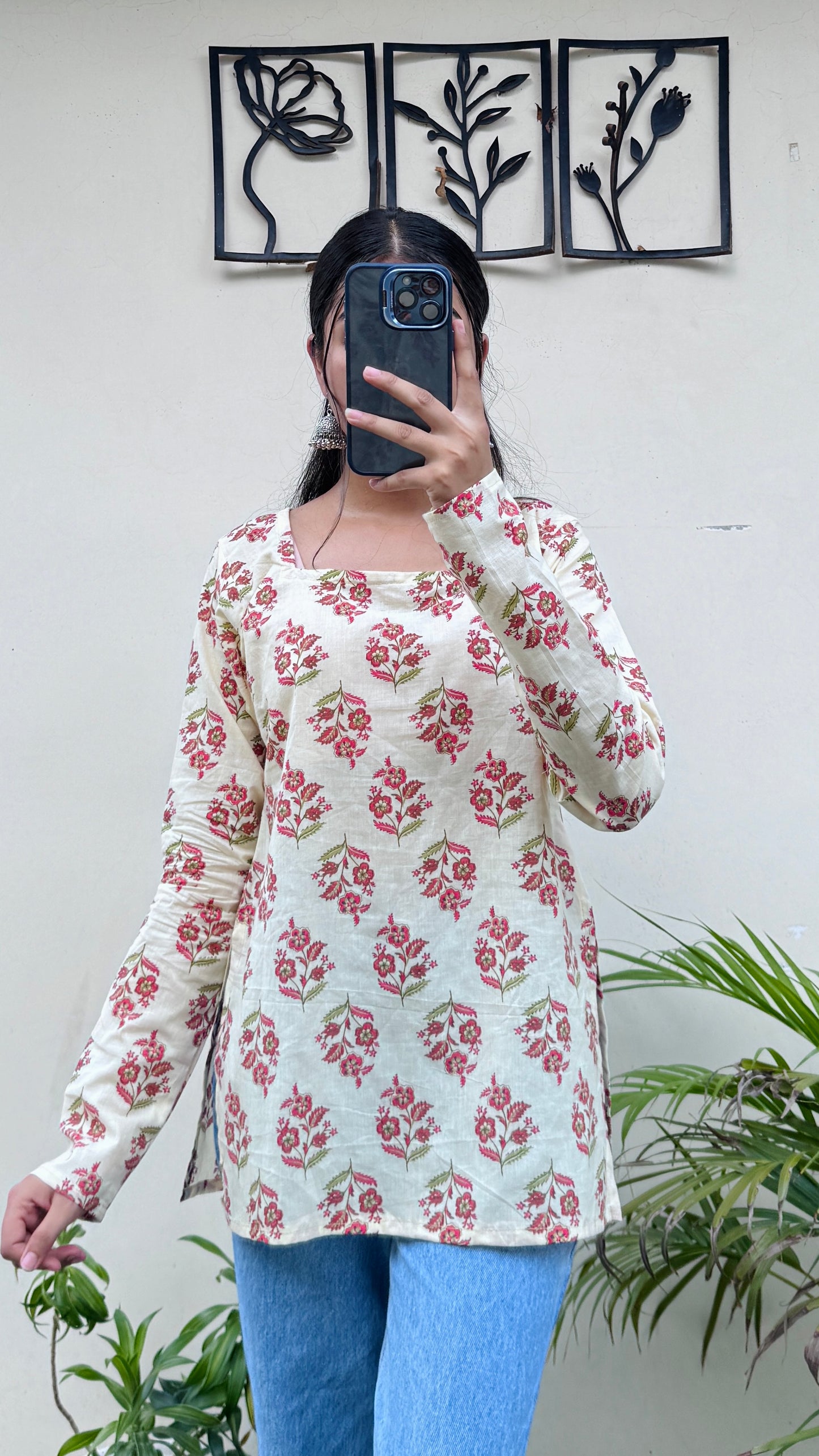 Cotton Cream Fullsleeve Short Kurti