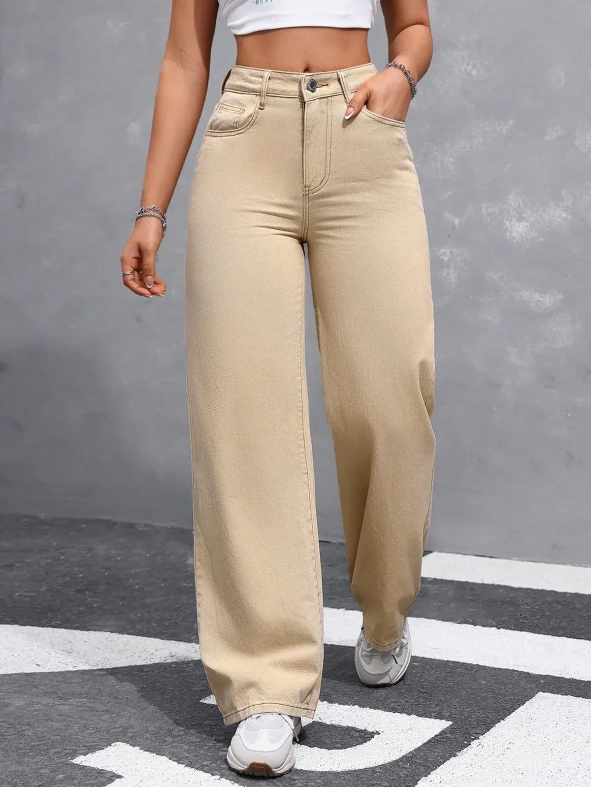 High Waisted Beige Wide Leg Denim Jeans - Dolled Up