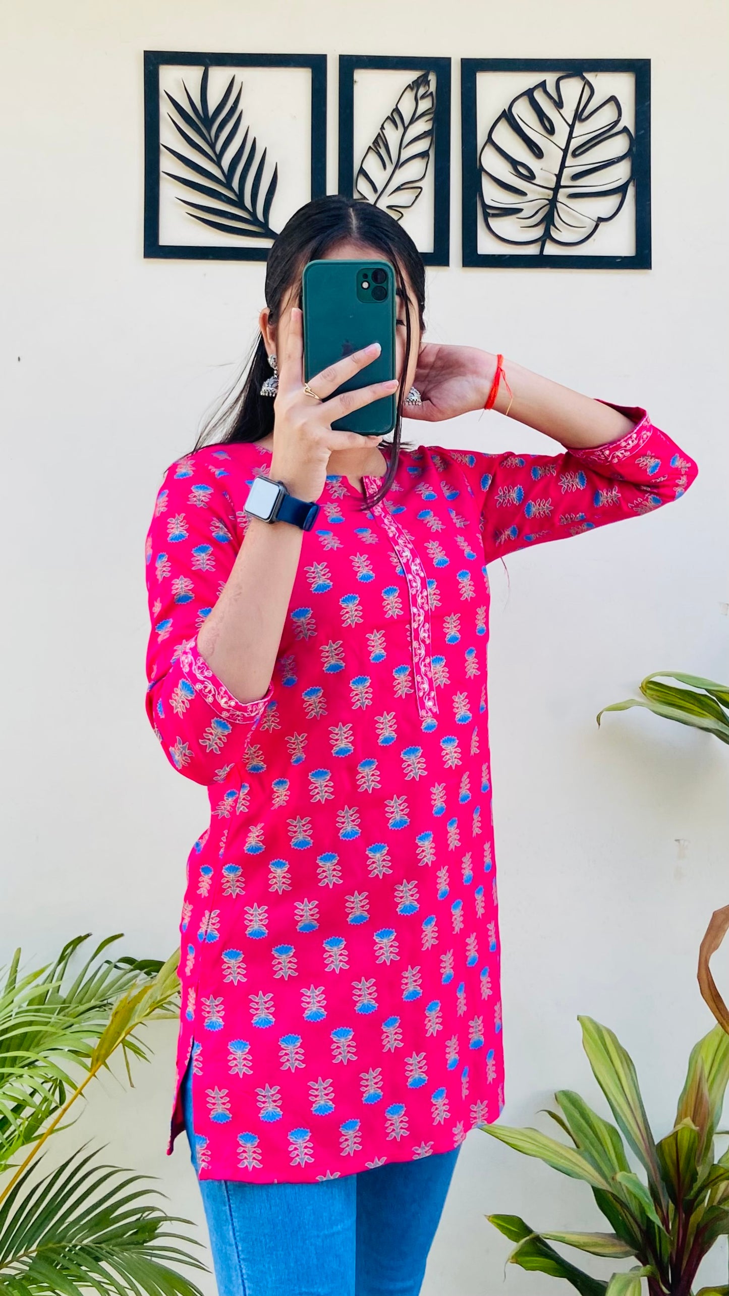 Hot Pink Printed Short Kurti