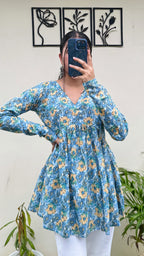 Cotton Skyblue Flared Floral Print Aliacut Peplum Top - Dolled Up