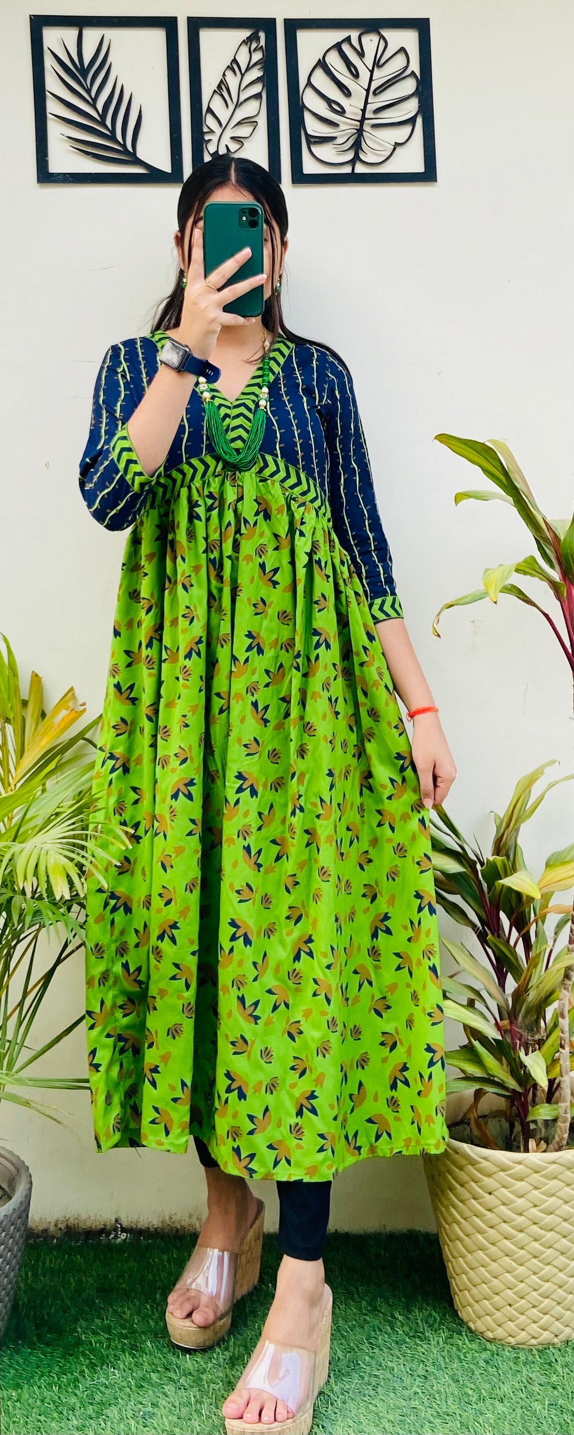 Beautiful Blue & Green Rayon Printed Dress