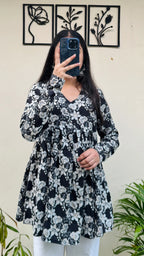 Cotton Flared Black Aliacut Printed Peplum Top - Dolled Up