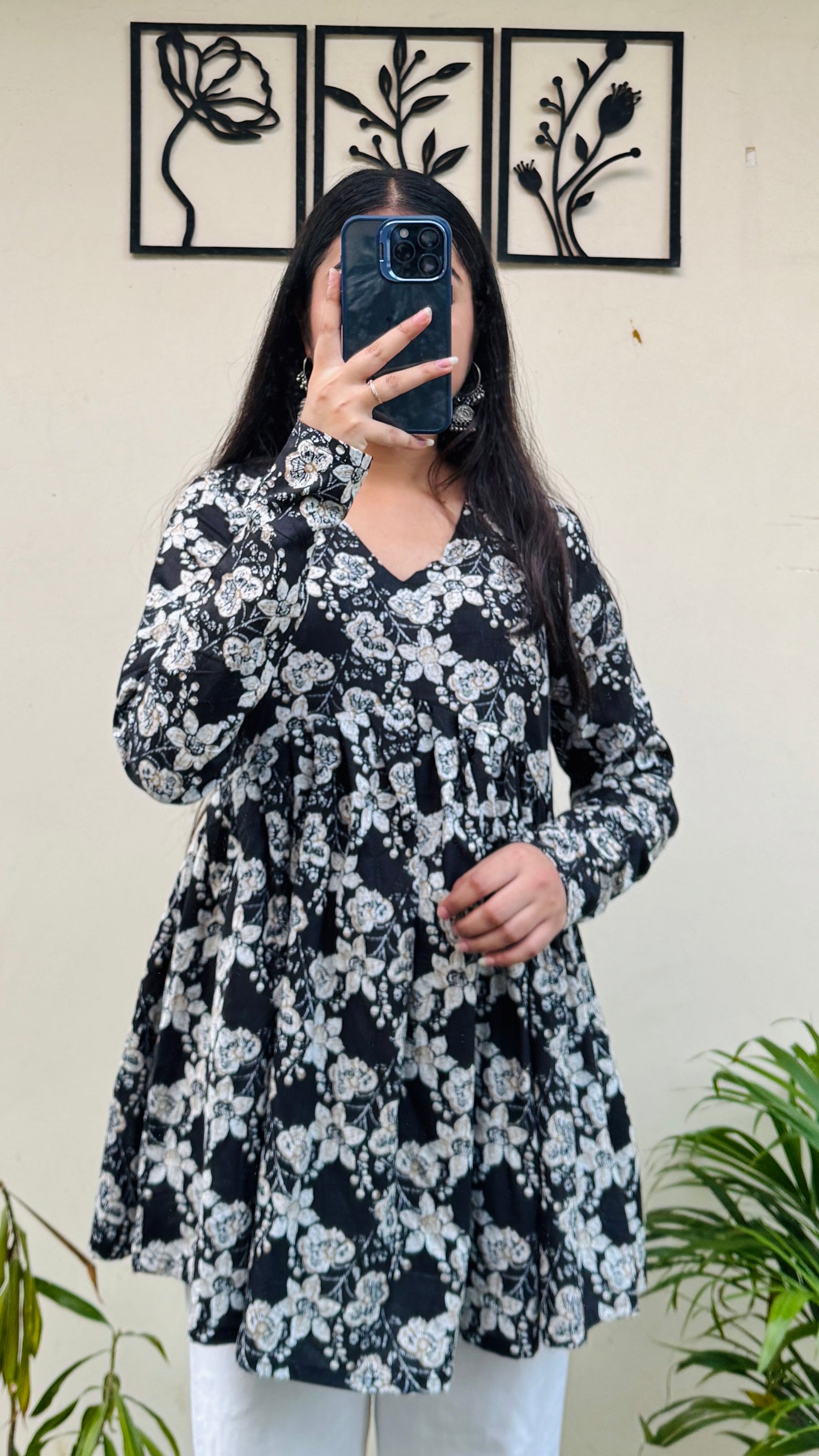 Cotton Flared Black Aliacut Printed Peplum Top