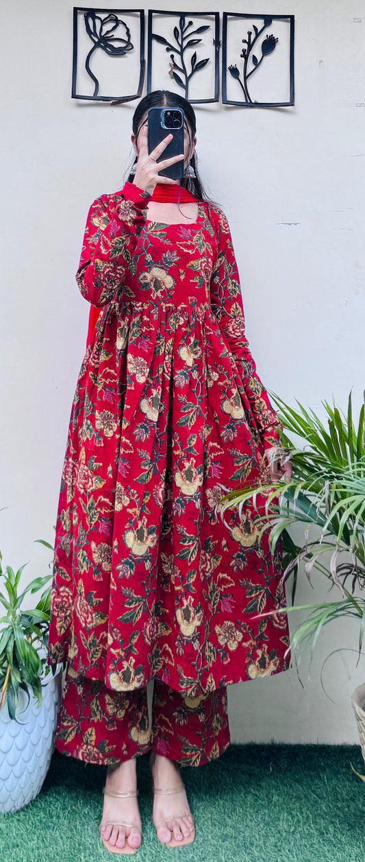 Beautiful Cotton Red Anarkali Suit Set