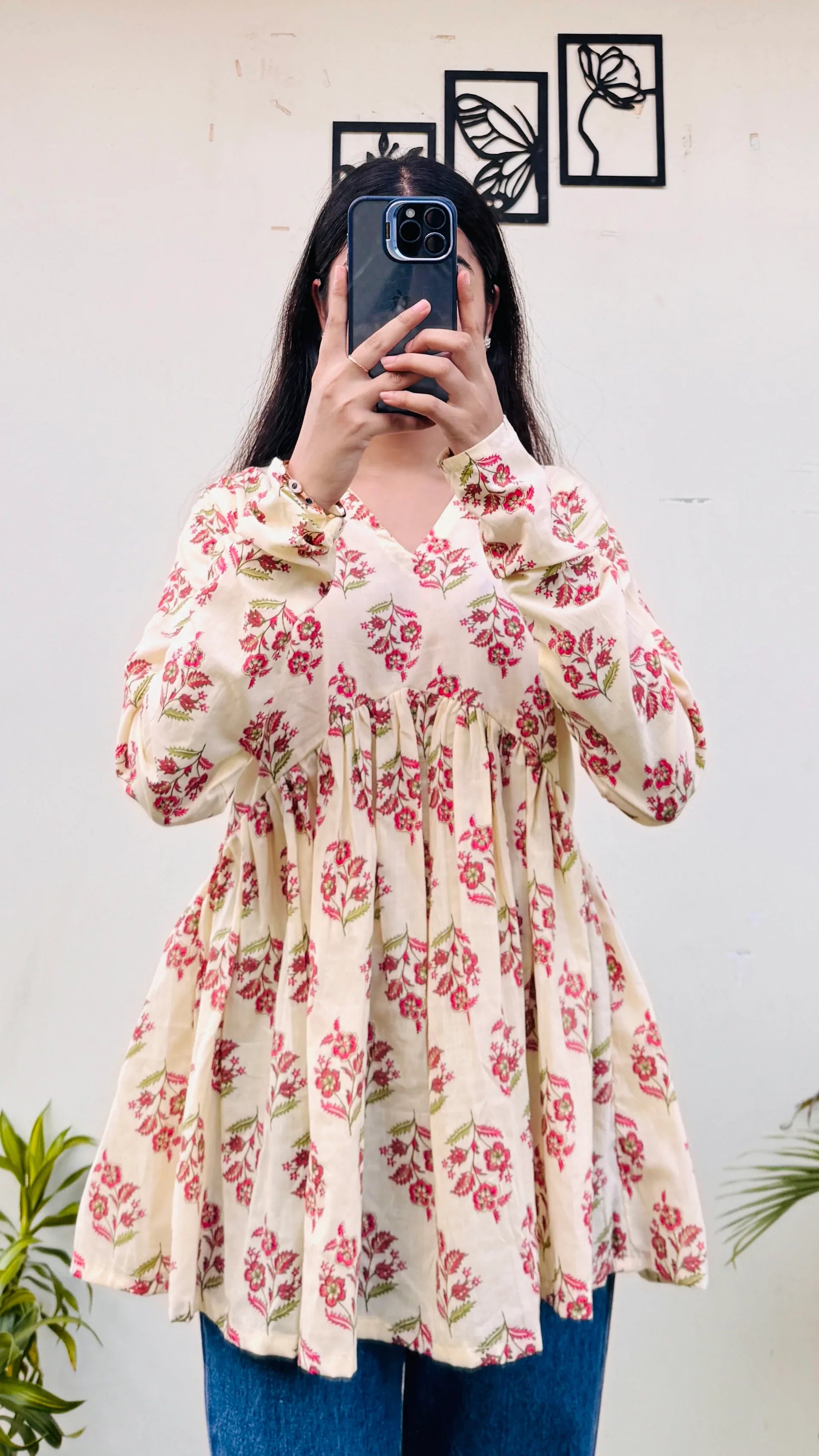 Cotton Cream Flared Printed Aliacut Peplum Top - Dolled Up