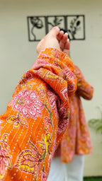Katha Cotton Orange Flared Floral Print Aliacut Peplum Top - Dolled Up