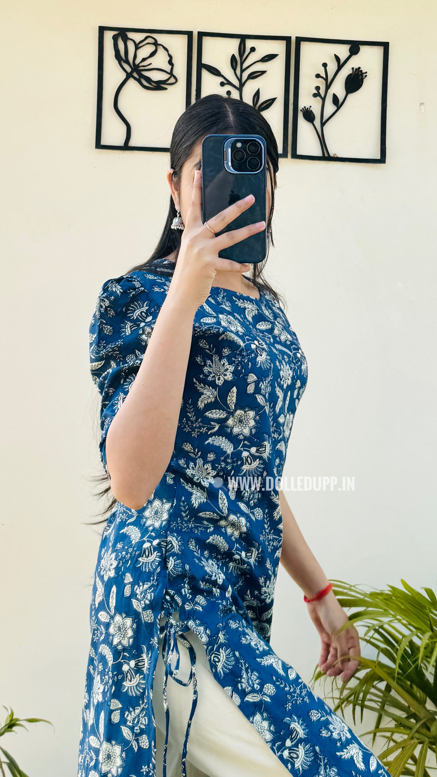 Cotton Printed Blue Puff Sleeve Straight Kurta