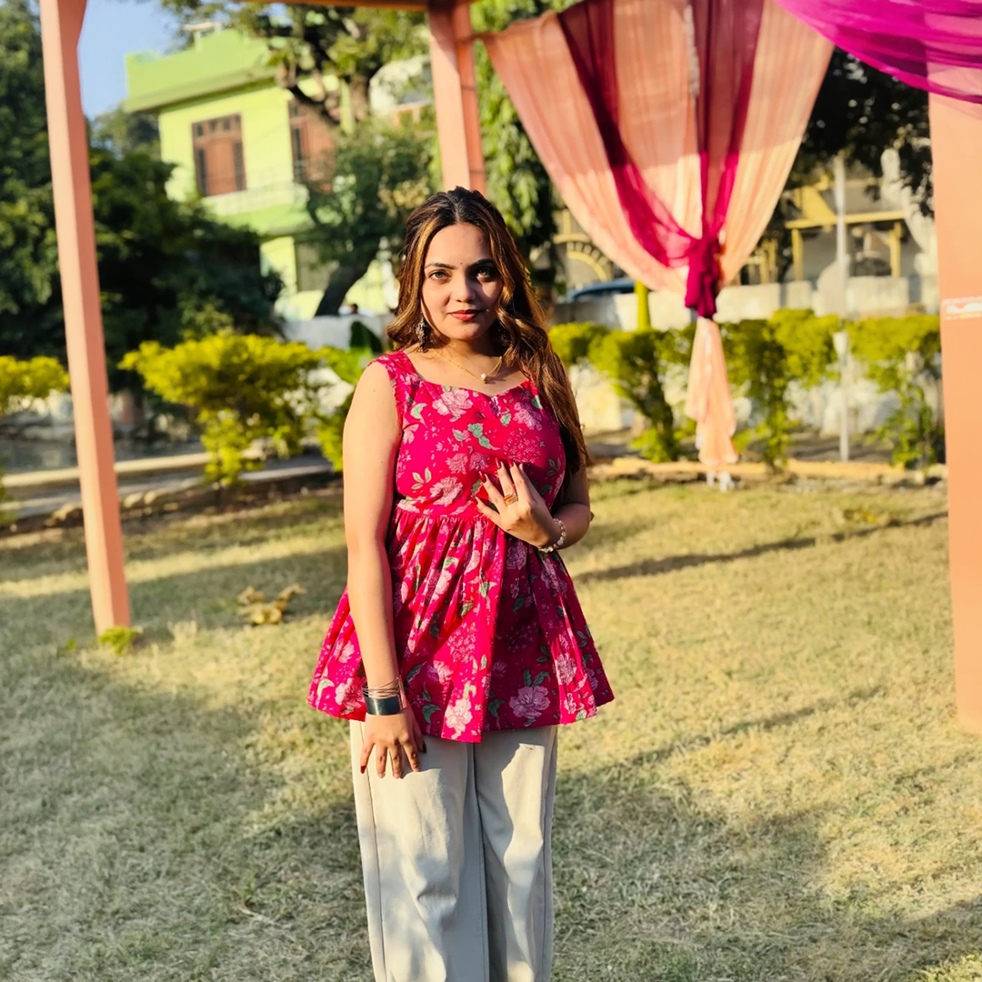 Cotton Flared Back Less Neck Design Short Kurti