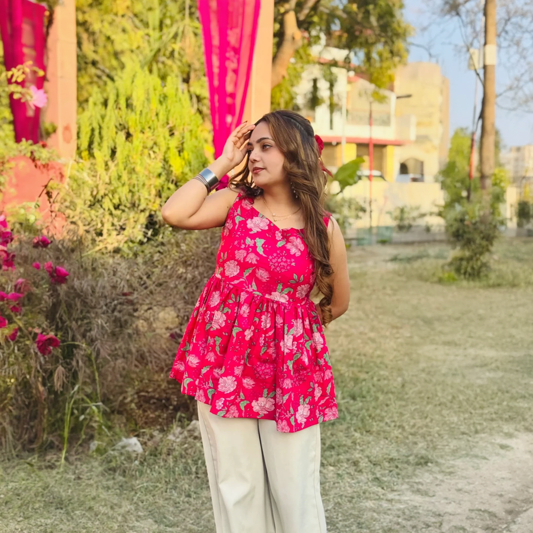 Cotton Flared Back Less Neck Design Short Kurti