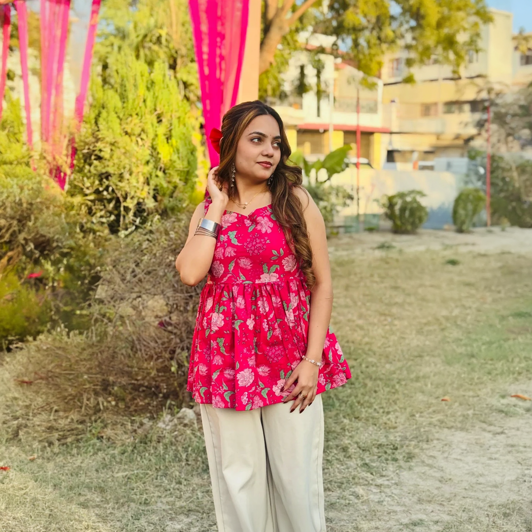 Cotton Flared Back Less Neck Design Short Kurti