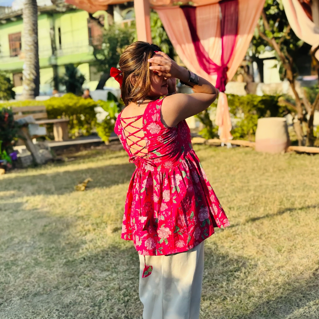 Cotton Flared Back Less Neck Design Short Kurti