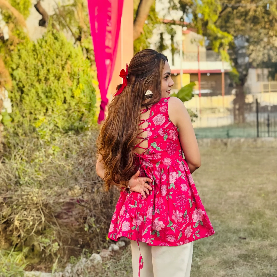 Cotton Flared Back Less Neck Design Short Kurti